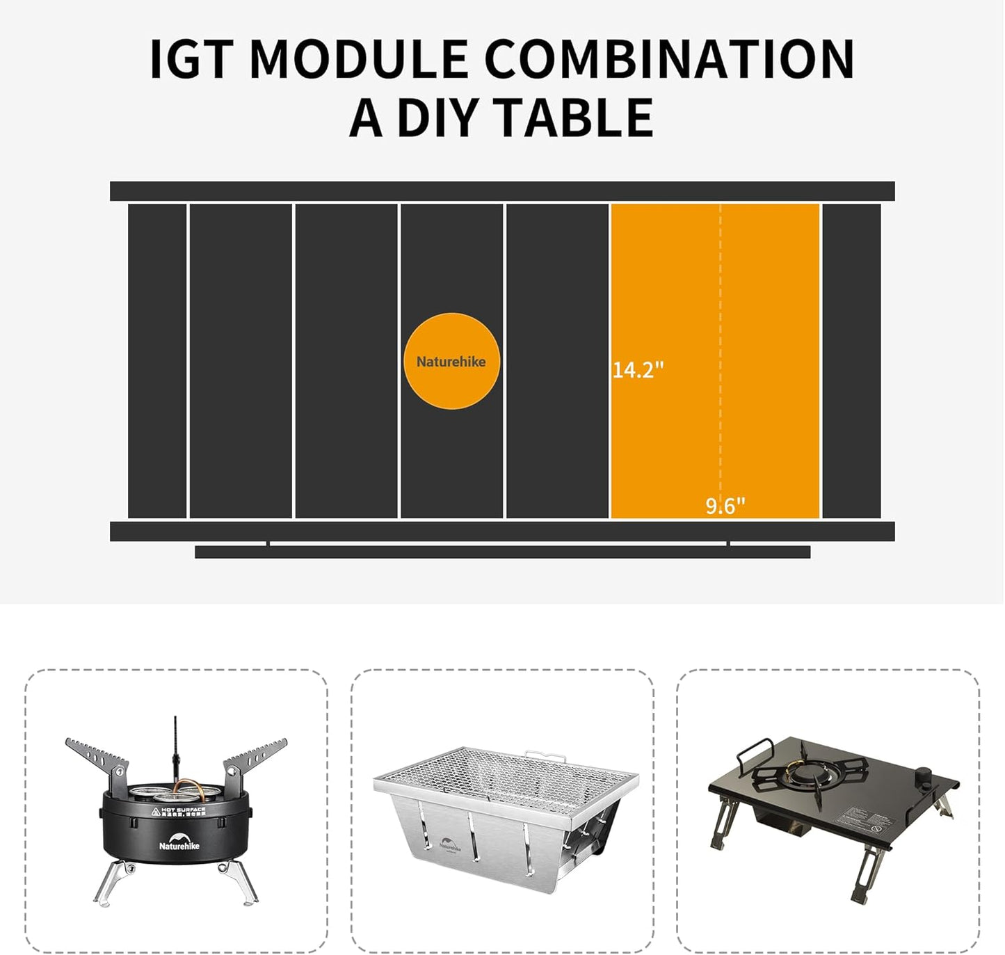 Folding camping table, portable outdoor IGT cooking system, ultra-light aluminum